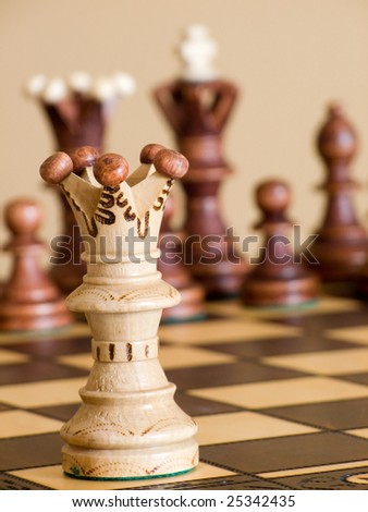 Closeup on chess King, pieces blurry in background