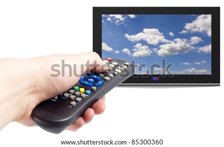 Remote control in men hand and tv set,isolated on white