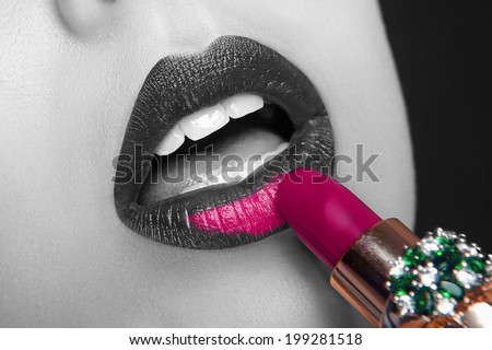 Black and White Conceptual Image with Woman Painted Make Up of Pink Lips