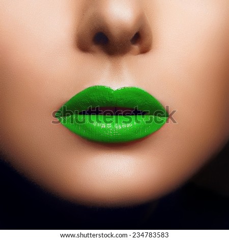 Fashion Green Sexy Lips and Closeup. Open Mouth. Make up concept. Kiss