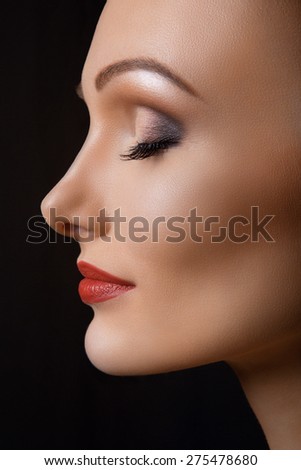 Elegance CloseUp of Female Eye with Classic Dark Brown Smoky Eye MakeUp. Macro Shot of Young Beautiful Woman\'s Face.