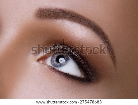 Macro Shot of Young European Woman\'s Beautiful Eye. Elegance CloseUp of Female Eye with Classic Dark Brown Smoky Eye MakeUp. Beauty, Cosmetics and Makeup. Brown Eyeshadow on Eyelid.