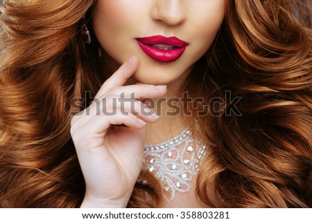 CloseUp Portrait of Luxury Fashion Style, Manicure Nail , Cosmetics and MakeUp. Jewelry, Large Diamond Earrings