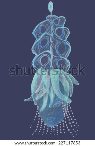 A turquoise and white detailed pencil drawing shows a deep sea mermaid peering from under her glowing headdress, created from plankton, diatoms, and anemones.
