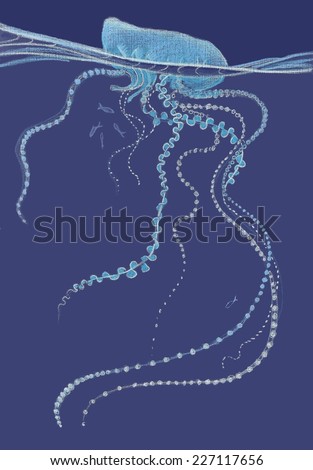 This vertical blue pencil drawing is an underwater view of a turquoise Portuguese Man OÂ?Â? War sailing an azure sea under a navy blue sky. Its stinging tentacles flow with the oceans current.