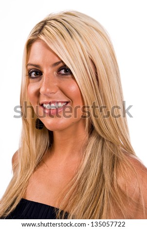 Young Caucasian blonde female facing left of camera with her head turned to the camera and smiling.