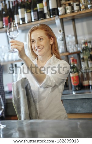 gorgeous waitress wiping a glass in a bar