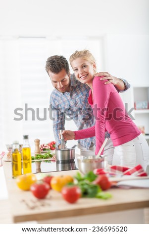 Handsome couple cooking on a cook top at home, vegetables on the work plan