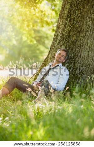 A nice looking grey hair business man is sitting against a tree in the grass, looking like he is dreaming. He is relaxing, enjoying the shadow of the tree in a sunny day.