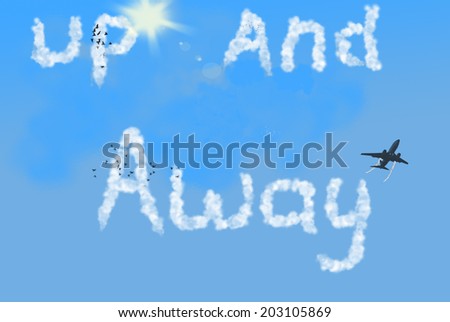 An illustration of an airplane flying in the sky, with clouds making out the words \