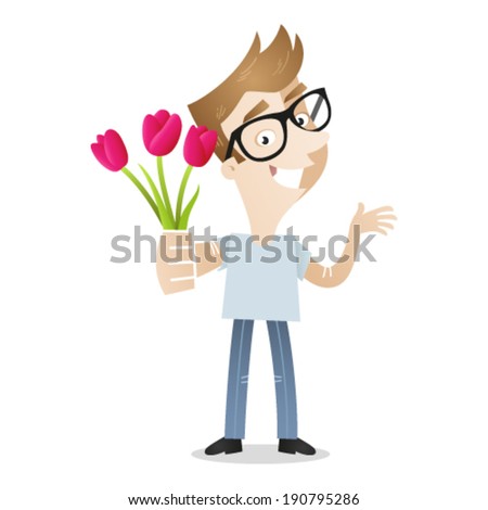 Vector illustration of a cartoon character: Young man smiling and holding bouquet of flowers.