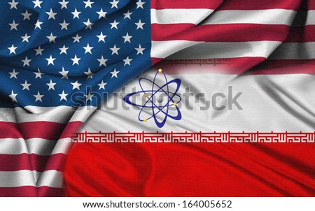 Iran and US flag with nuclear logo