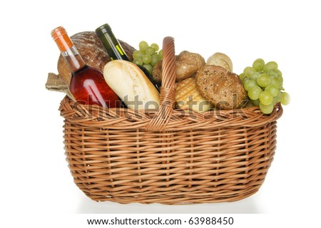 Dinner in picnic basket,on white background.