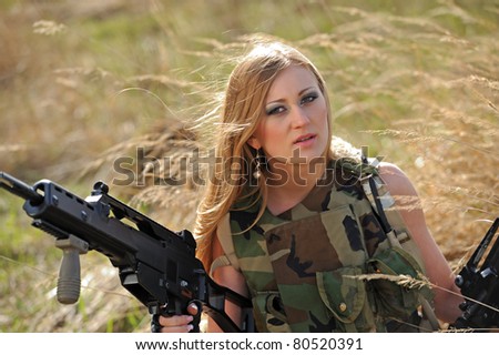 A sexual girl is in a military form