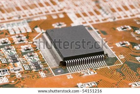 Closeup of computer circuit main board with chip set