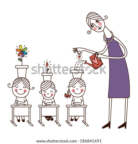 Teacher infuses the knowledge to children in the head.