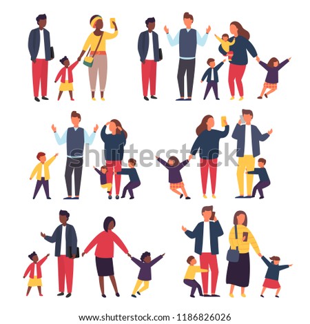 Family with kids. Tired parents with naughty children. Couple of busy people with babies. Set vector illustration.