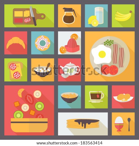 Icons set for food, breakfast, restaurant and menu. Flat design vector