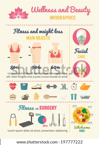 Wellness, fitness and woman\'s beauty infographics. Plastic surgery and beauty standards. Body and face treatment. Health care icons, flat design vector illustration.
