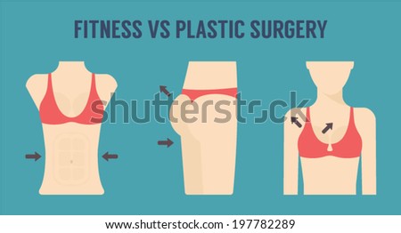 Caring figure, weight loss, plastic surgery and fitness icons set. Perfect body illustration. Breast, figure and buttocks icons. Flat design vector.