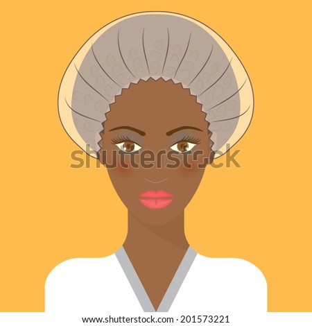 African American woman wearing bathrobe in a beauty or spa salon. Vector illustration.