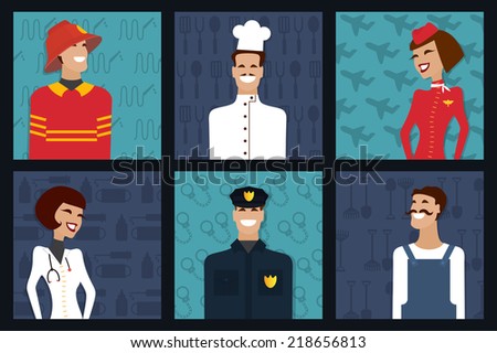 People profession and occupation. Firefighter, cooker, stewardess, doctor, policeman, worker. Vector set.