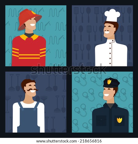 People profession, man occupation. Firefighter, cooker, policeman, worker. Vector set.