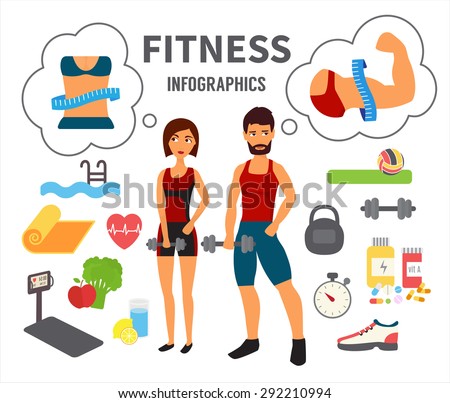 Fitness infographic. Athlete man and woman training in gym dreaming about perfect body. Flat Vector Icons.