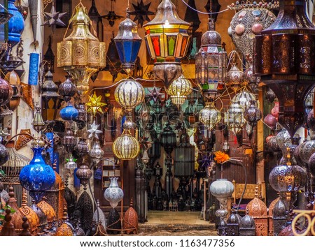Moroccan style lighting in a shop in souks in Medina Marrakech