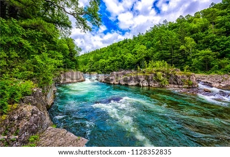 Forest river landscape. Wild river flow in deep forest. Deep forest wild river cascade flowing