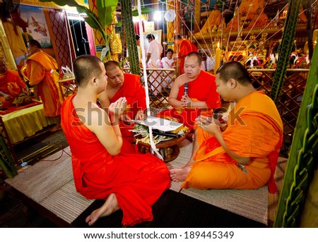 LAMPANG, THAILAND - DECEMBER : Lampang monks chant for ceremony in Lampangkang Temple Pagoda celebration ceremony for king on Dec 10, 2013 at Lampangkang Temple, Thailand