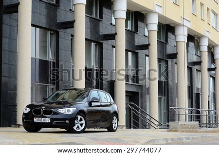 MINSK - JULY 2015: new BMW 1-series 2015 drives at the test drive event for automotive journalists from Minsk