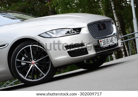MINSK, BELARUS - CIRCA JULY 2015: New Jaguar XE at the test drive event for automotive journalists from Minsk