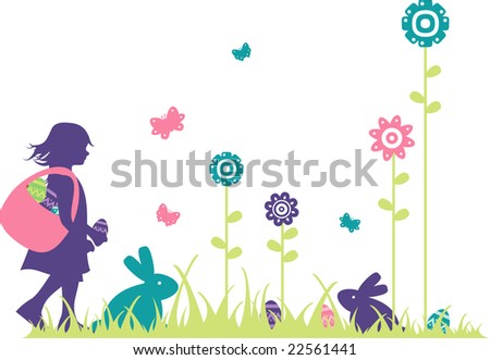 silhouette of easter scene with elements like a girl, eggs, spring