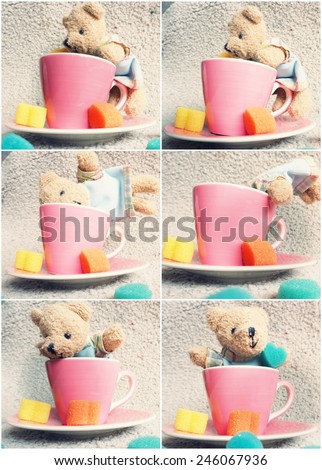 6 action of little bare jump up to a coffee cup in vintage color