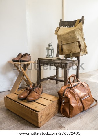 Vintage male accessories.Leather bags and leather shoes.