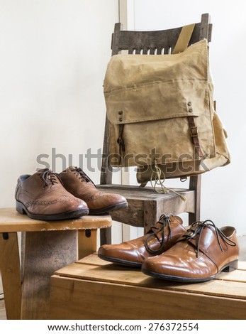 Vintage male accessories.Backpack bag and leather shoes.