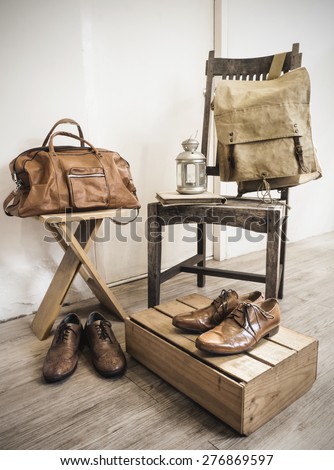 Vintage male accessories.Leather bags and leather shoes.( Vintage effect style picture)