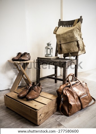 Vintage male accessories.Leather bags and leather shoes.( Vintage effect style picture)