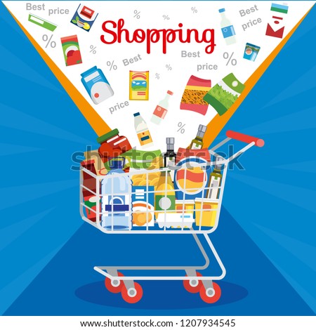 Shopping Food Products on Sale Flat Vector Concept with Groceries Falling in Supermarket Cart or Trolley Illustration in Blue Background. Big Sale and Discounts in Grocery. Best Price for Groceries
