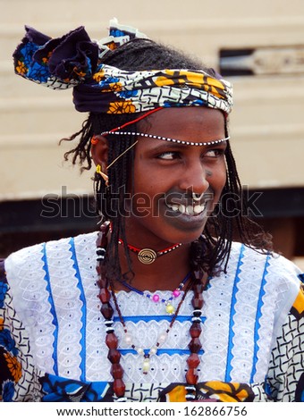 SANGA, MALI - MARCH 30: Portrait of unidentified Fula woman with mouth tattoo, March 30, 2009 in Sanga, Mali.