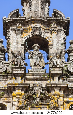 Santiago de Compostela cathedral: Santiago sculpture on top of the Facade del Obradoiro