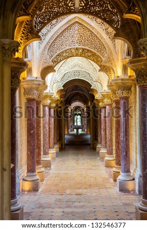 SINTRA PORTUGAL JULY 6 Fairytale corridor of Monserrate Palace on July 6 2012 in Sintra Placed near Lisbon Sintra is a monumental village one of the seven wonders of Portugal SINTRA PORTUGAL JULY 6 Fairytale corridor of Monserrate Palace on July 6 2012 in Sintra Placed near Lisbon Sintra is a monumental village one of the seven wonders of Portugal