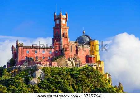 Panorama of Pena National Palace in Sintra, Portugal. UNESCO World Heritage Site and one of the Seven Wonders of Portugal