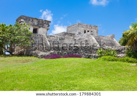 Temple of the Descending God and El Castillo of Tulum, archeological site in the Riviera Maya, Mexico