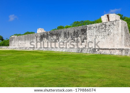 Great Ball Court of Chichen Itza complex, Mexico. It is the largest and best preserved ball court in ancient Mesoamerica