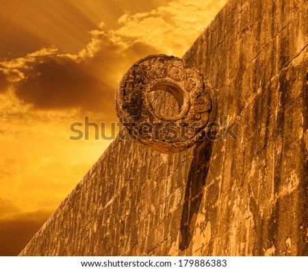 ring carved on the Great ball court of Chichen Itza complex, Mexico