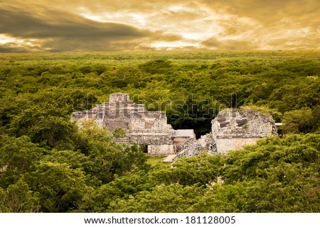 Aerial view of Ek Balam (black jaguar) surrounded by jungle. Mayan archaeological site in Yucatan, Mexico