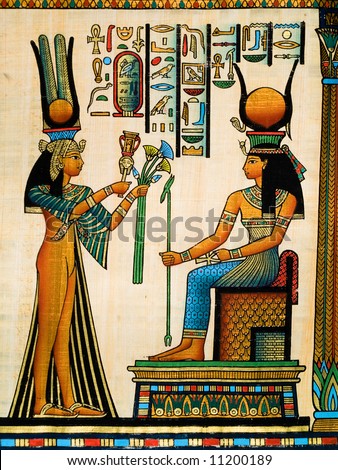 Papyrus showing Queen Nefertari making an offering to Isis. Copy of a painting from  Nefertaris tomb in Thebes.