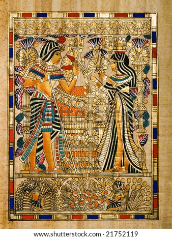 Egyptian papyrus showing Ankhesenamon bringing a bunch of papyruses and lotto flowers to Tutankhamen.